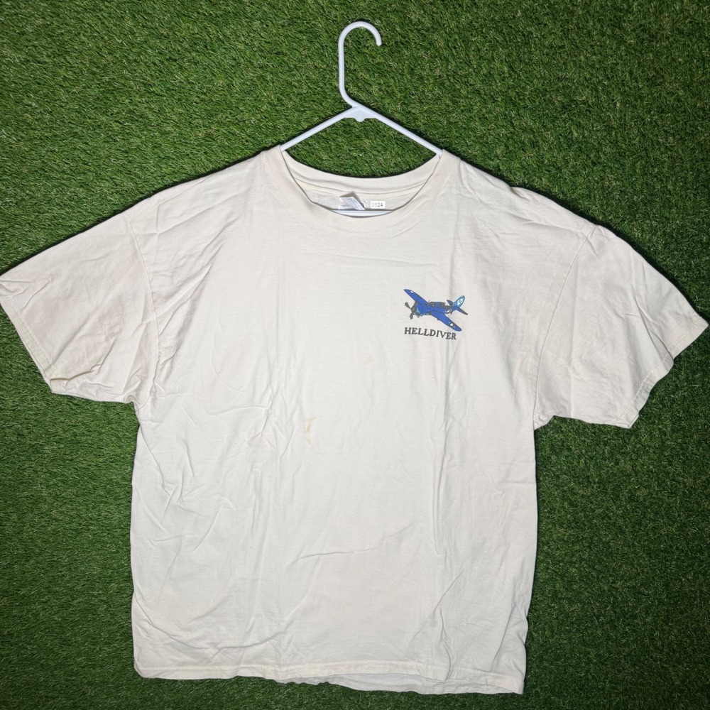 Vintage Hanes Beefy T XL Cream Hell Diver Airplane Graphic T-Shirt Men's 90's